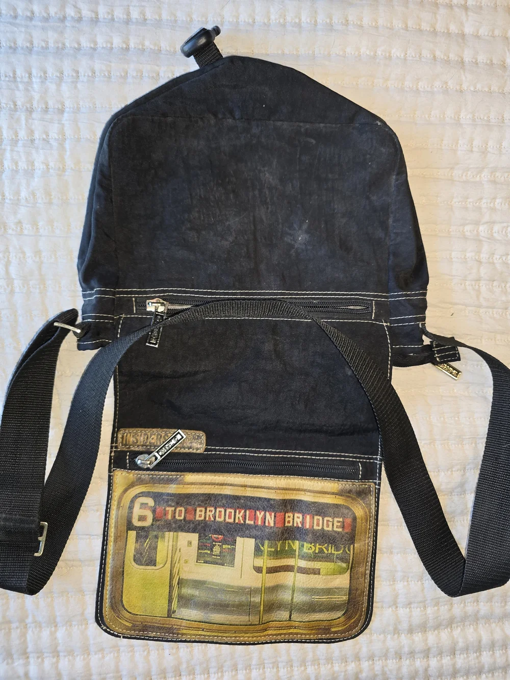 Sigal De-Mayo Art Featured Black Messenger Bag with Brooklyn Bridge Graphic